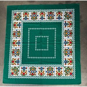 VTG Folk Art Scandinavian Tablecloth Red & Green 39" X 42"Square